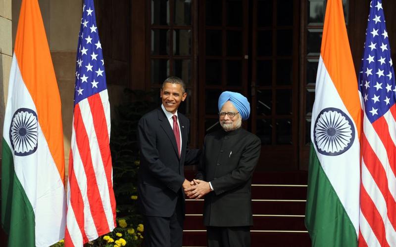 President Barack Obama shakes hands with Indian Prime Minister Manmohan Singh at the Hyderabad House prior to delegation level talks and a joint press conference in New Delhi on November 8, 2010.